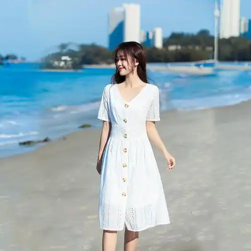 艳如飞白色连衣裙女夏气质超仙150cm海边沙滩裙145小矮个子长裙仙气长