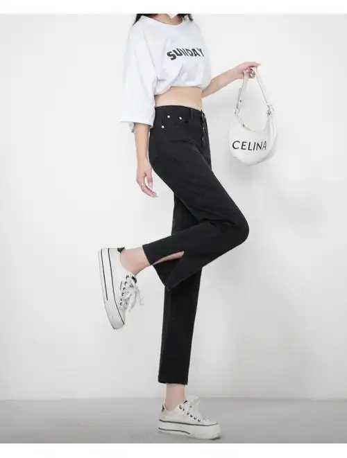 抖音同款薇恩薇恩夏季薄款开衩直筒牛仔裤女高腰烟管裤浅蓝九分159