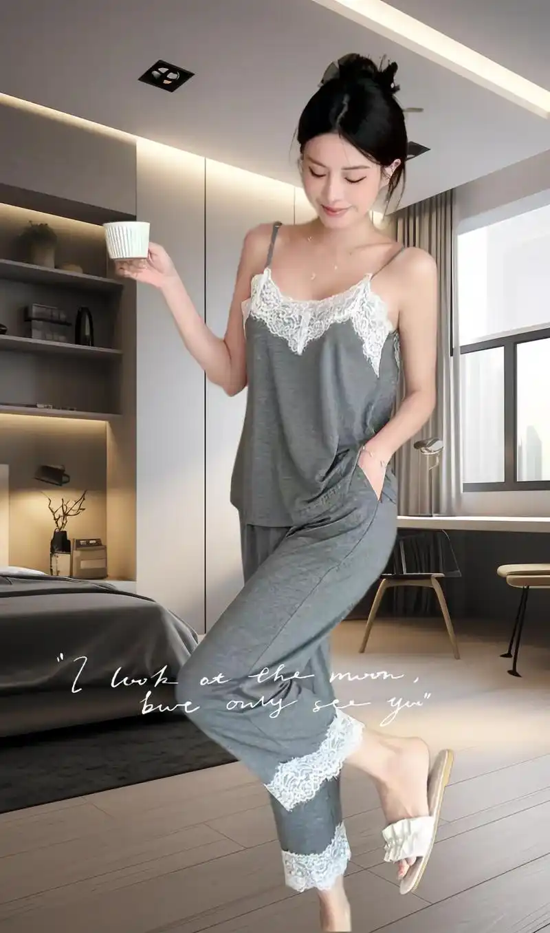 高级莫代尔睡衣女夏季性感露背吊带纯色蕾丝九分裤宽松家居服套装!