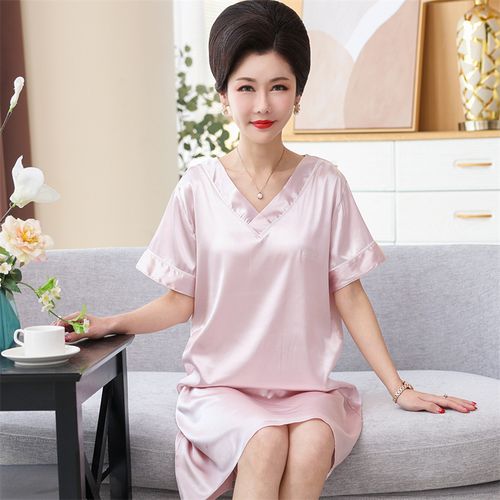 丝绸睡裙女夏季新款圆领薄款冰丝睡衣中年妈妈家居服可外穿连衣裙