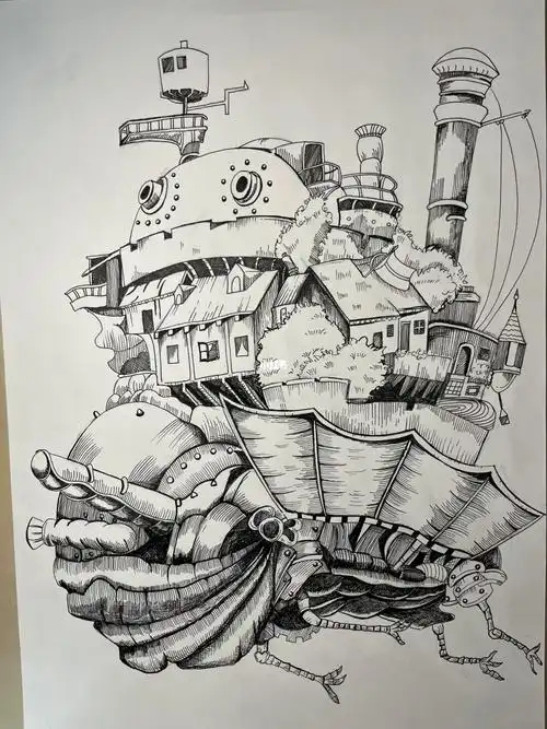哈尔的移动城堡针管笔手绘