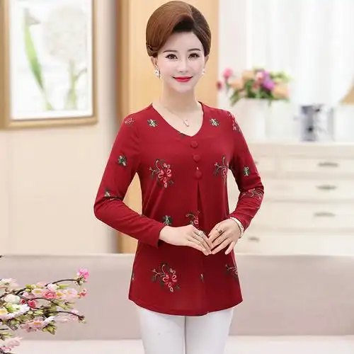 中老年春装上衣40岁50中年女装t恤妈妈装春秋长袖打底衫小衫印花