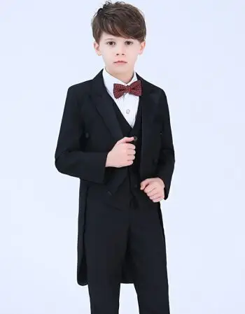 演出服男孩西装套装 黑色燕尾5件套(黑色外套 黑色马甲 黑色裤子 衬衫