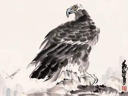 0459鹰立轴设色纸本