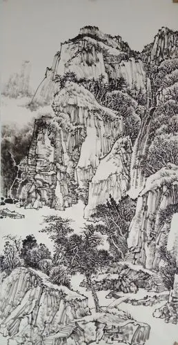 再从画面整体关系出发用积墨法反复调整画面,完成墨稿.