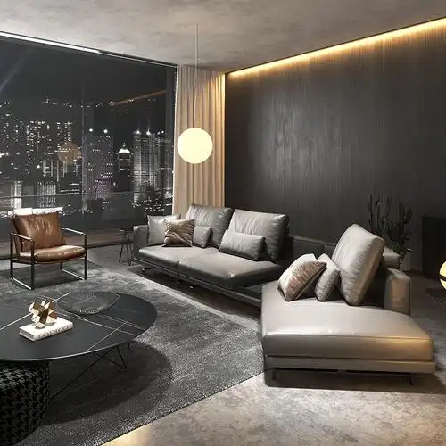 意式轻奢极简创意异形转角真皮沙发纳帕皮现代简约灰粤府2021新款