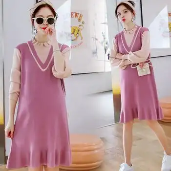 孕妇秋装连衣裙时尚款小个子中长款假两件孕妇毛衣裙秋冬季孕晚期