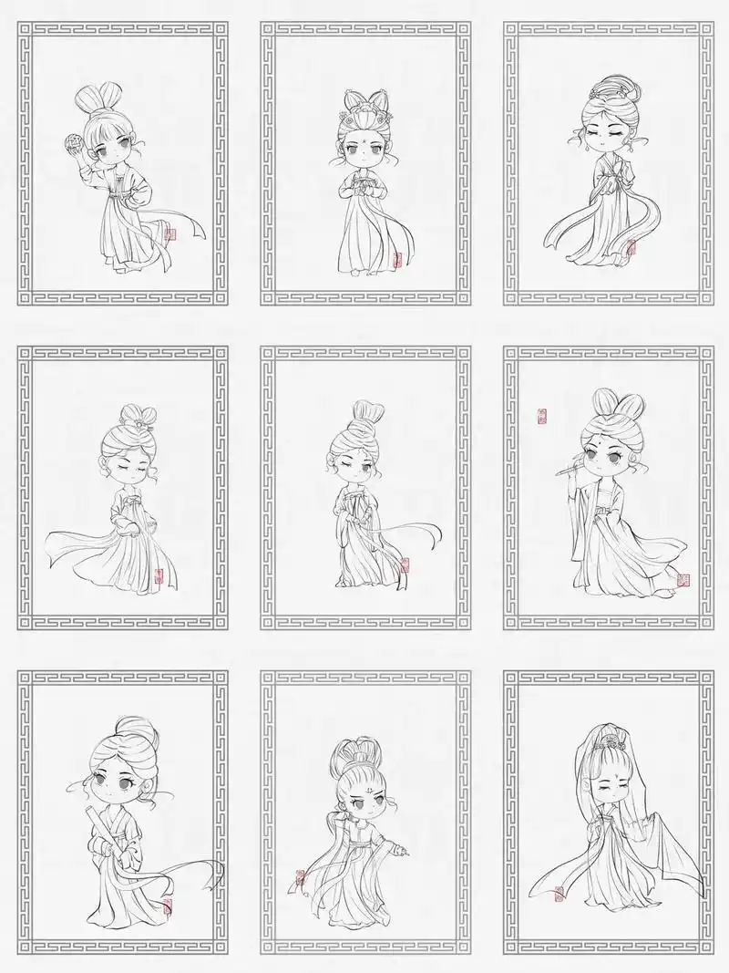 发一个小合集,线稿九宫格#我的绘画 #q版人物 #这画是用了 - 抖音