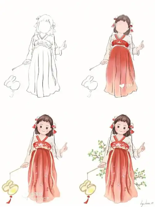 手绘古风q版人物中秋节穿汉服的小姑娘