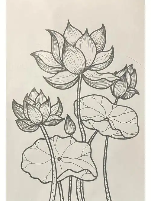 线描荷花03