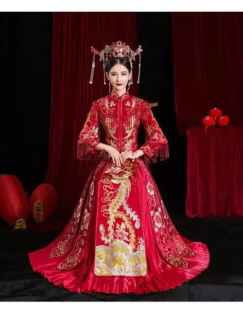 新娘礼服 中式新娘2019新款冬季婚纱礼服嫁衣酒红色凤冠霞帔古装婚服