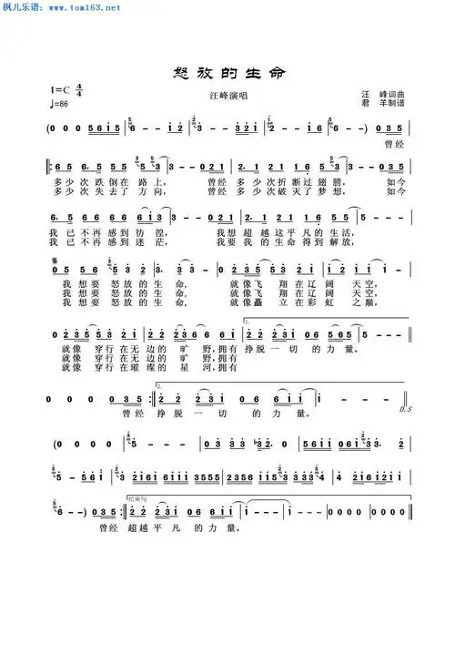枫儿乐谱 乐谱库 流行歌曲歌谱 五字流行歌谱 >> 正文:怒放的生命  原