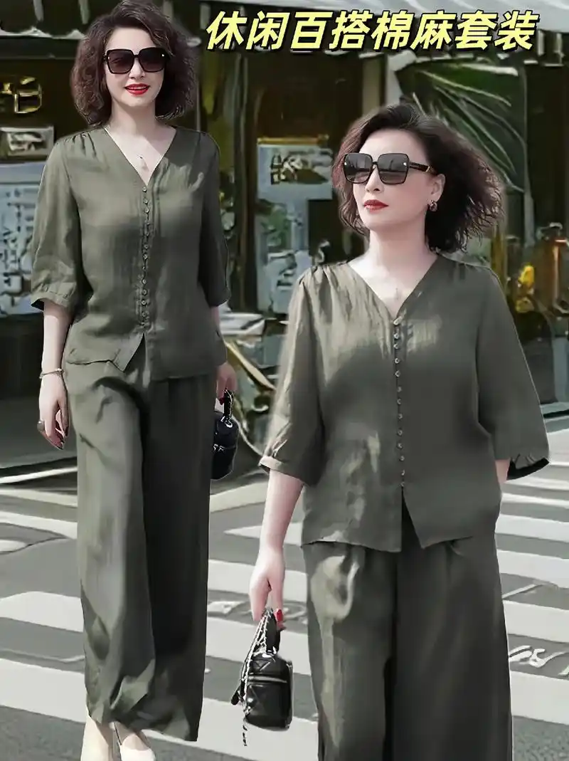 休闲百搭棉麻套装!简约大方的v领上衣搭配阔腿裤