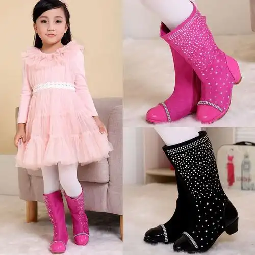 小不童女童高跟靴子公主靴儿童高跟鞋女童高筒靴女童靴子冬款