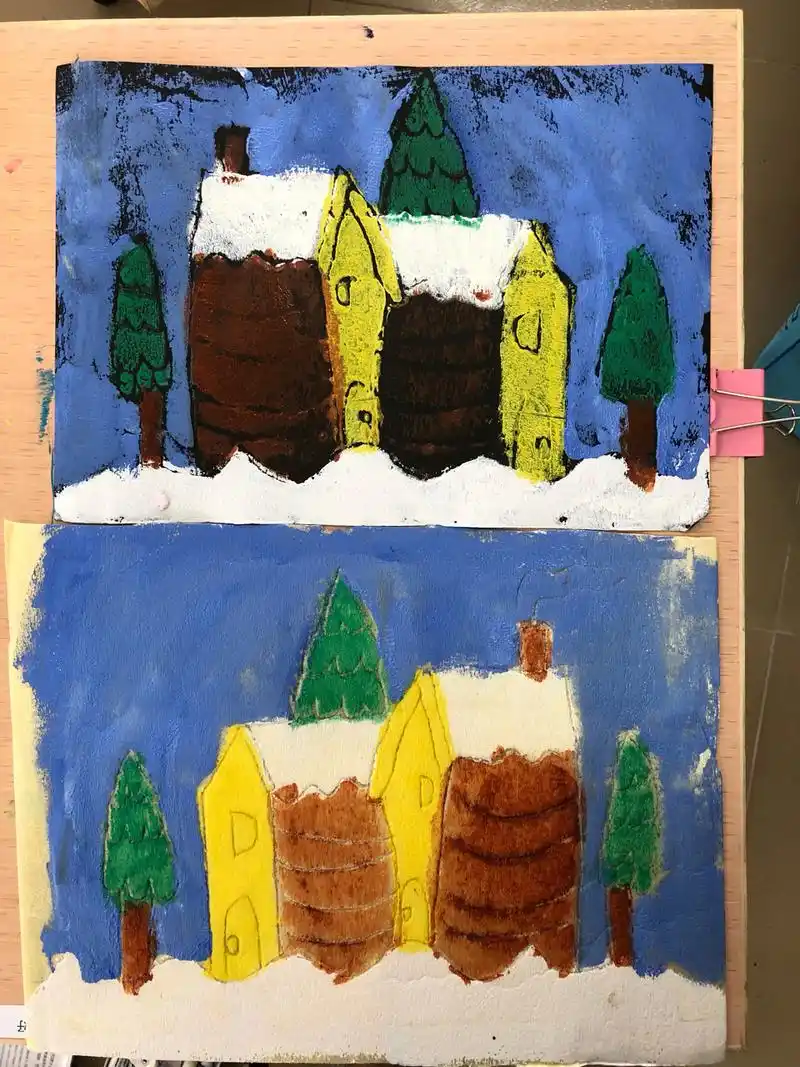 儿童吹塑纸版画——雪景之一