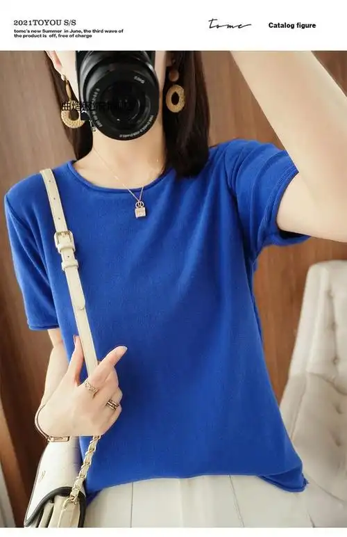 2022不起球棉女圆领卷边短袖针织衫宝蓝色通勤风宽松显瘦半袖夏季新款