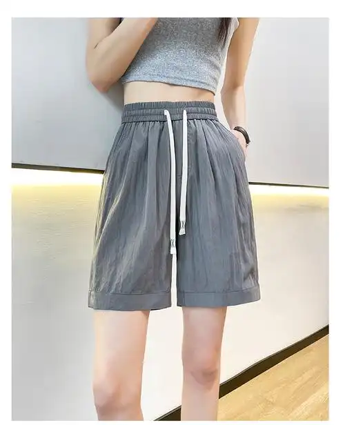 夏天冰丝运动短裤子女大码胖mm夏季薄款高腰显瘦百搭五分阔腿中裤