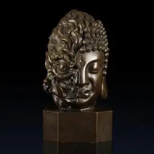 知柿纯黄铜半佛半魔佛像摆件创意一念之间半佛铜雕工艺品玄关摆件