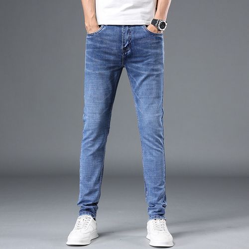 新款韩版牛仔裤男修身小脚裤弹力休闲耐磨紧身铅笔裤水洗浅蓝色牛仔
