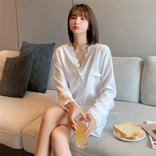 hlcoman黑色衬衫睡衣女夏性感睡裙春秋长袖长款v领冰丝蕾丝薄款雪纺棉