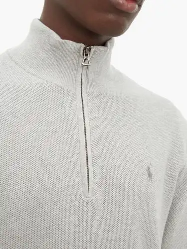 logo-embroidered cotton-piqué zip-neck sweatshirt in grey