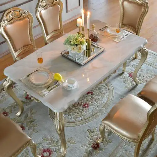 艾歌欧式实木餐桌高档法式餐桌椅组合一桌六椅长方形香槟色x08