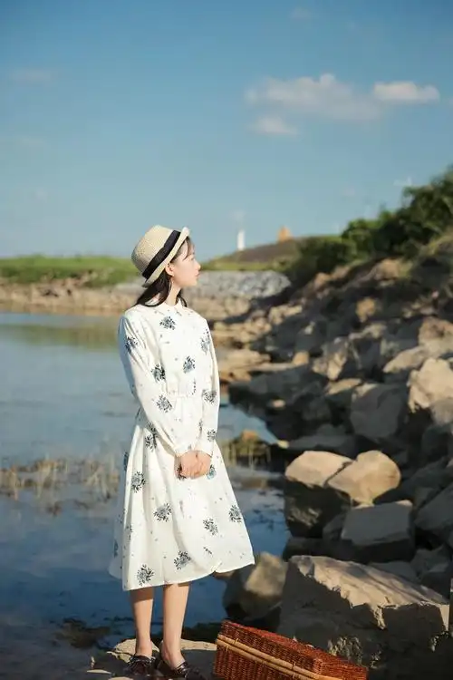 小清新衬衣领连衣裙森女系学生复古收腰白色印花中长款大摆裙仙