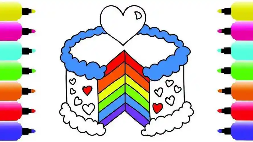 亲子简笔涂色画彩虹爱心蛋糕涂颜色右脑开发