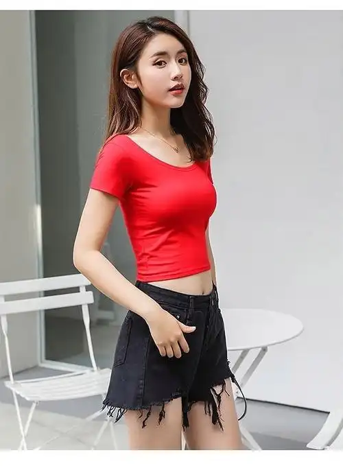 短袖露脐u领高腰上衣女夏紧身短装广场舞跳操纯色衫白色双u领l95105斤