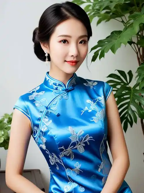 "青花绽放:旗袍女子的温婉"_美人_背景_爬山虎