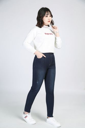 特大码女装300斤牛仔裤胖mm松紧腰裤子加肥加大码牛仔长裤200斤