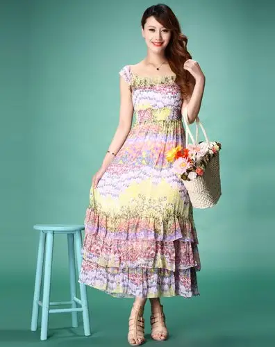 高腰碎花雪纺长裙吊带连衣裙