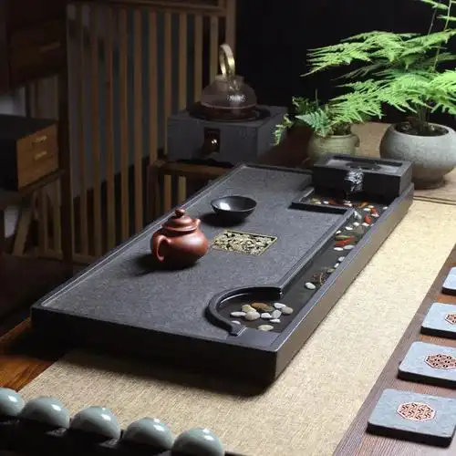 天然乌金石茶盘网红家用石头创意流水养鱼小茶台茶具石盘功夫茶海