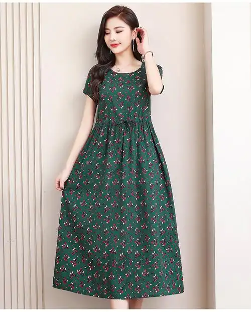 中老年夏天薄款棉麻连衣裙短袖中长款优雅洋气时尚妈妈裙子33xl