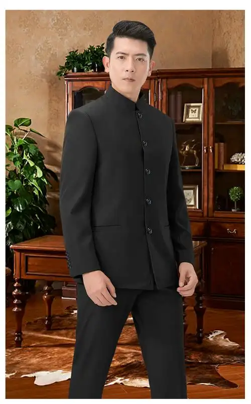 中山装男青年修身立领小西装礼服中国风学生装男士唐装套装演出服