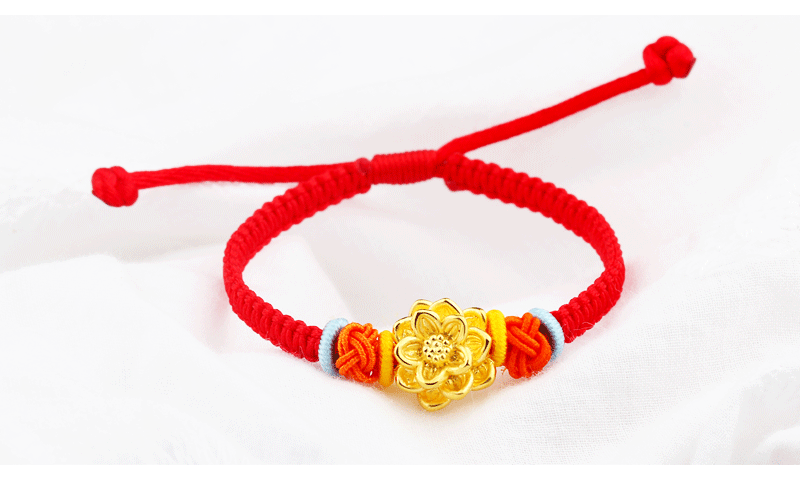 老凤祥款黄金手链足金3d硬金红绳莲花手工编织转运珠首饰红绳莲花手链