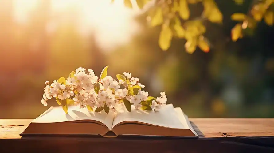 书本书籍阳光下打开的书上一枝鲜花读书阅读学习世界读书日知识文化