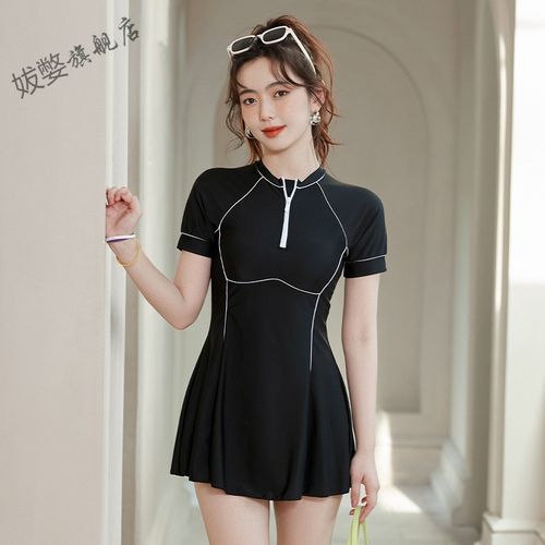 加大码游泳衣微胖女生遮肉学生连体裙式运动风泳衣女士保守泡温泉泳装