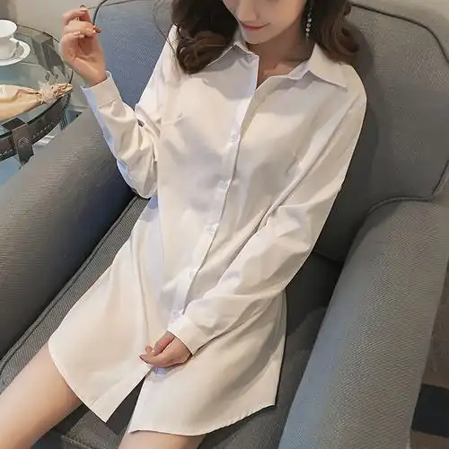 性感睡衣裙韩范男友诱惑长袖白衬衫打底上衣女宽松中长款雪纺衬衣白色