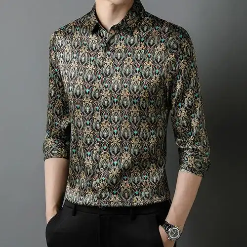 衬衫男士长袖真丝抗菌透气桑丝滑休闲潮流新款高档桑蚕丝春秋衬衫