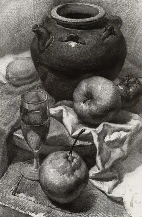 质感和空间非常好的组合素描静物三张高清图片