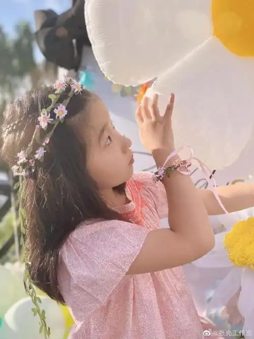 张亮女儿庆7岁生日 穿粉色裙子头戴花环 可爱又软萌