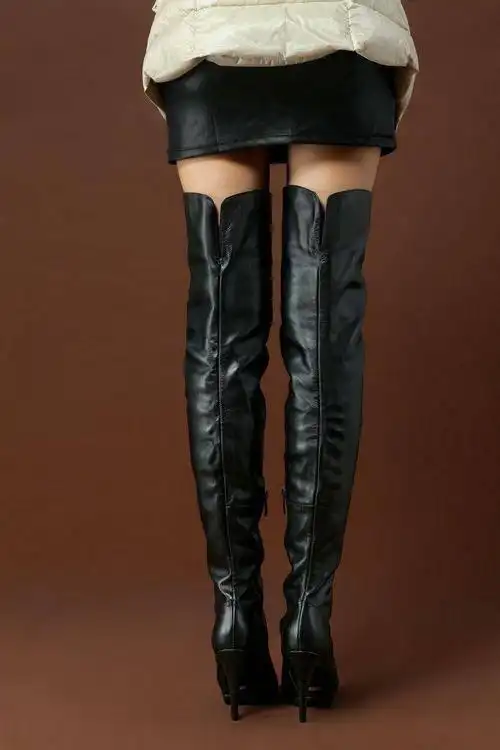 【新款】女式真皮过膝细高跟长筒靴超高跟细跟防水台长靴牛皮超长大腿