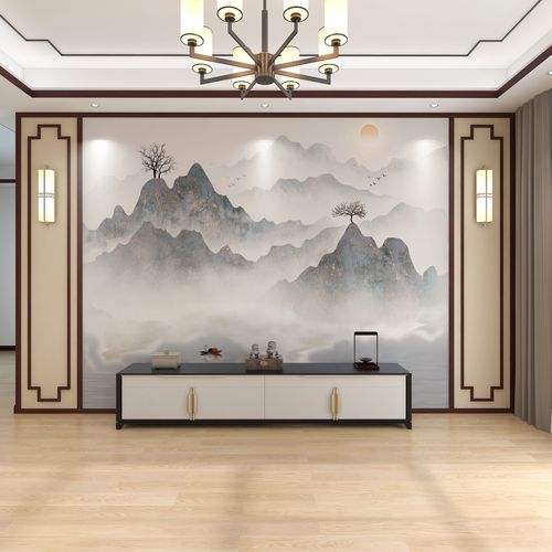 新款新中式电视背景墙壁纸山水墙纸客厅沙发影视墙布定制壁布壁画