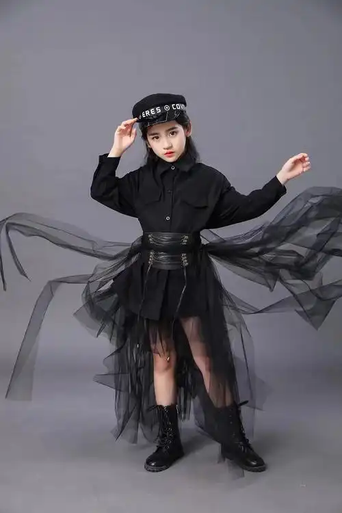 儿童黑色套装女童模特比赛t台时尚走秀服装礼服六一演出西服潮夏