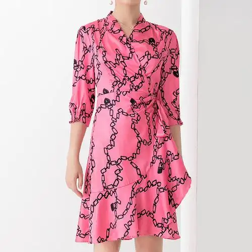 实拍欧美真丝绸缎印花连衣裙高端新款大牌法式复古丝质v领连衣裙