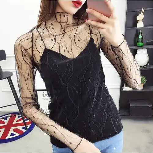 星星网纱衣打底衫女长袖2019夏渔网新款蕾丝内搭网状性感上衣