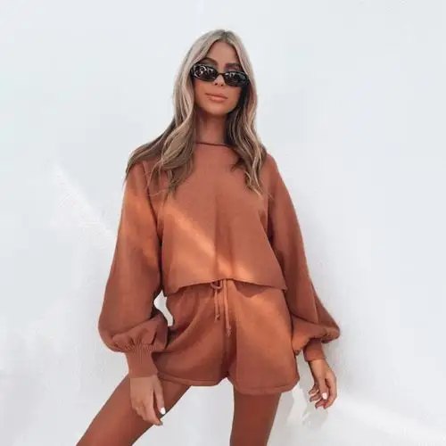 yozihis o领长袖宽松衬衫上衣女式短裤针织休闲夏季宽松两件套白色