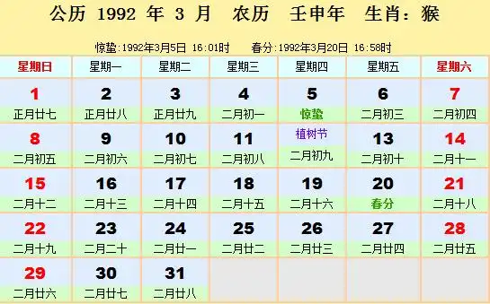 1992年日历表1992年农历阳历表