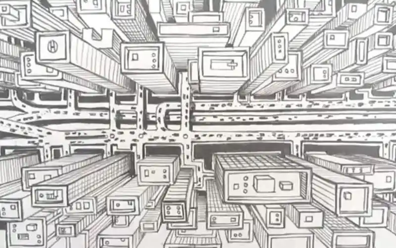 素描基础如何用一点透视画俯视城市透视原理丨零基础学美术